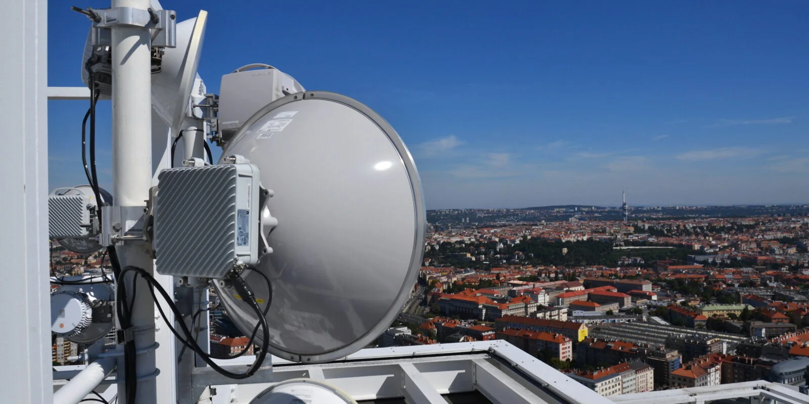 Bunch of transmitters and aerials on the skyscraper